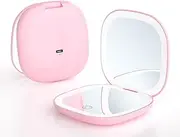 Meichoon Portable Pocket Handheld Mirror LED Lighted Compact 1X/5X Magnifying 2 Sided 3 Colors Dimmable USB Rechargeable Travel Makeup Mirror UK16 Pink