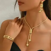 Women's Gold Mesh Jewelry Set - Modern Geometric Necklace, Bracelet and Dangle Earrings for Elegant Parties, Formal Events and Gift Giving
