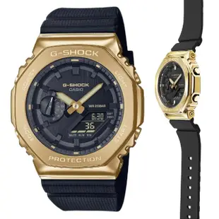 【CASIO 卡西歐】G-SHOCK 時尚經典八角型農家橡樹金屬錶殼雙顯錶-黑金(GM-2100G-1A9 情侶錶)