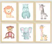 6 x A4 Nursery/Baby/Kids Safari Animal Wall Prints Gift Elephant Hippo Zebra