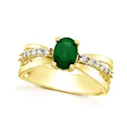 Oval Emerald and 0.20 CT. T.W. Natural Diamond Triple Row Split Shank Ring in Solid 14K Gold