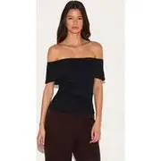 Black Double Layer Burn Out Mesh Fold Over Bardot Top, Black
