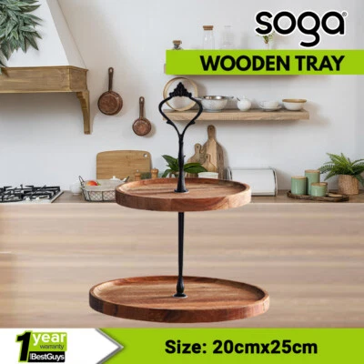 SOGA Brown Round Wooden Acacia Decorative Serving Tray Fruit Platter Holder 15cm
