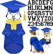 Huhumy 5 Pcs Dog Graduation Costume Set Include 2025 Pet Graduation Gown with Yellow Stole Puppy Grad Cap Lensless Glasses DIY Letter Stickers for Dogs Cats Holiday Costume Accessory(Royal Blue,L)