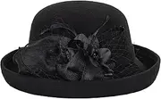 [Utaly] Retro Wool Bowler Derby Hat - Felt Black Cloche Hat 1920s Church Wedding Ferdora Hat for Women