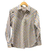 Chico's Blouse Womens Medium / 8 Blue Camel Coastal Stripe No Iron Button Up NEW