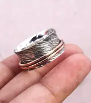 925 Sterling Silver & Copper Spinner Ring Tone Wide Band Meditation Gift For Her