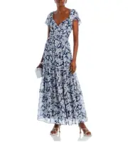 Aqua Flutter Sleeve Tiered Maxi Dress Navy/white Size XL