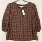 New LOFT V Neck Button Ruched Sleeve Plaid Soft Rayon Pullover Blouse Small