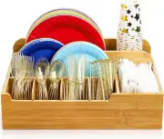Bamboo Utensil Caddy Organizer for Countertop, 8 Compartment Paper Plate Holder