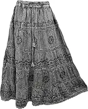 [Doorwaytofashion] Womens Cotton Maxi Skirt Bohemian Embroidered Fully Lined Adjustable Elasticated Waist, Grey, One Size