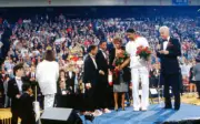 Philadelphia 76ers Julius Erving on stage with his family during h- Old Photo