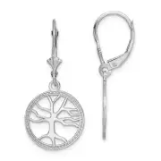 14K White Gold Tree of Life In Round Frame Leverback Earrings 1.28"