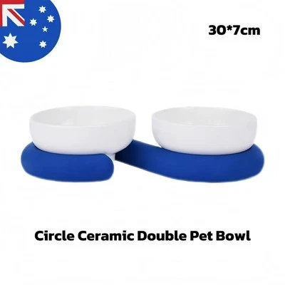 Circle Double Cat Bowl Ceramic Pet Bowls Stand Dog Elevated Feeder Food Water AU
