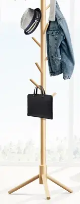 8 Hook Wooden Coat Rack Stand , Pine Adjustable Coat Standing Tree Adjustable
