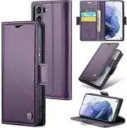 ELEPIK for Galaxy S22 Case with Card Holder, Kickstand [3 Card Holder + 1 Cash Slot] [Durable PU Leather] Magnetic Wallet Phone Cover for Samsung Galaxy S22, Fashion Purple.