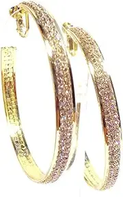[Christina] Clip-on Earrings Gold Tone Double Crystal Hoop Jewellery Earrings 2.75 Inch Clip Hoop Earrings for Non Pierced Ears