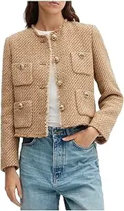 [YEXPINE] Cropped Tweed Blazer Jackets for Women Elegant Collarless Long Sleeve Button Down Work Office Blazer Jacket