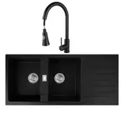ACA 116X50CM Black Granite Stone Kitchen Sink With Pull Out Tap Set Double Bowls Drainboard Top Flush Mount