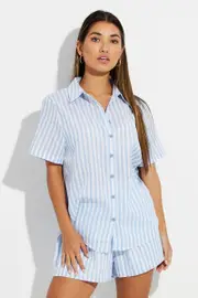 Blue Stripe Oversized Shirt Short Sleeve Collared Button Up - Size 10, Women's Shirt