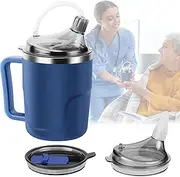 AKIMRABY Adult Sippy Cup, 14oz Spill Proof Cup with Straw for Elderly, 3 in 1 Stainless Steel Sippy Cup with 2 Lids, No Spill Feeding Cup for Patient Disabled Maternity Drink Water Milk Soup - Blue