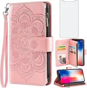 Asuwish Compatible with iPhone Xs X 10 10s Wallet Case and Tempered Glass Screen Protector Leather Flip Card Holder Cell Phone Cover for iPhoneX iPhoneXs iPhone10 i PhoneX SX 10x 10xs X’s Rose Gold