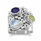 Etruscan Wide Band Three Stone Iolite, Peridot, Blue Topaz Sterling Silver Ring