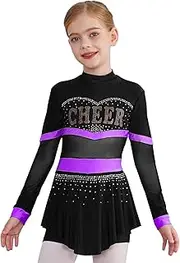 [RUNQHUI] Kids Girls Shiny Rhinestone Cheer Leader Uniform Outfit Long Sleeve Mesh Patchwork Cheerleading Dance Dress