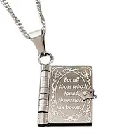 [Spizummp] Book Locket Necklace, Silver Gold Stainless Steel Reading Book Necklace, Personalized Book Pendant Necklace, Open Book Pendant For Dating, Bookworms, Teachers, Book Lover, Refer to