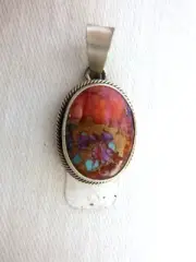 Navajo Dave Skeets Multi-color Oval Dhalia Stone Pendant 925 Sterling Silver