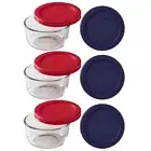 Pyrex (3) 1-Cup 7202 Glass Bowls, (3) 7202-PC Blue, (3) 7202-PC Red Plastic Lids