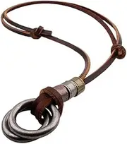 [Generic] Adjustable Brown Leather Chain Double Rings Pendants Necklace