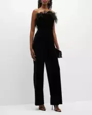 Aidan By Aidan Mattox Feather-Trim Strapless Velvet Jumpsuit Size 10 NWT $330