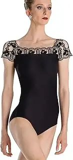 [Wearmoi] Women's Ballet Cap Sleeve Leotard, Stretch Tulle, Flocking, Square Back, Microfiber