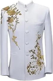 [Generic] Men's Chinese Style Stand Up Collar Suit Jacket Luxurious Sequined Blazers Single Breasted Dress Coats