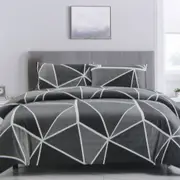 Artex Owen Charcoal Quilt Cover Set Geometric Pattern Reversible Printed Microfiber Polyester (Single, Double, Queen, King)