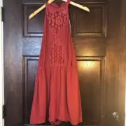 Love, Fire romantic boho Brick Red Lace Front Pom Edged Halter Romper Size Large