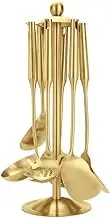 Premium 7-Piece Gold Kitchen Utensil Set with Stand, Stainless Steel Cooking Tools- Dishwasher Safe Ladle, Spoon, Spatula, Pasta Fork, Luxury Brass Kitchen Accessories for Home Chefs (Gold)