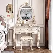 Makeup Vanity Desk European,Vintage Wooden Fine Dressing Table with Mirror, Stool, 2 Drawers, Pack of Makeup Bucket(80cm)