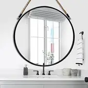 [POZINO] Large Round Hanging Mirror, Circle Wall Mirror with Rope, 30 Inch Black Frame Farmhouse Mirror for Bathroom Bedroom Living Room Entryway Home Decor