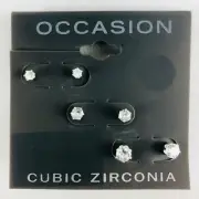 Occasion Earrings 3 Pairs Cubic Zirconia Silver-tone Studs 1/8" to 1/4"