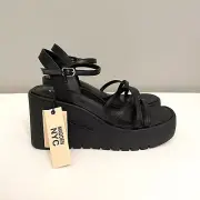 MADDEN NYC WOMENS SIZE 9 BLACK PLATFORM WEDGE QUARTER STRAP SANDALS NEW