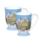 CHRISTMAS COFFEE TEA MUGS XMAS HOUSES & TREES WITH SNOWMEN SET OF 2 GIFT BOXED