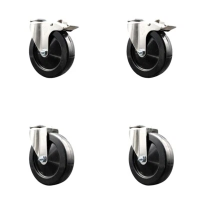 5 Inch 316SS Hard Rubber Wheel Swivel Bolt Hole Caster Set with 2 Lock Brake SCC