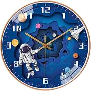 QINFIEY 12 Inch Silent Movement Kids Wall Clock, Non Ticking Children Round Wall Clock Battery Operated Space Travel Style Decor Children Clock for Home School Boys Bedroom Living Room (Blue)