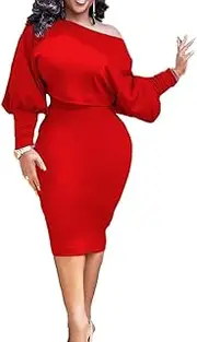 [LUXRUB] Women's Sexy 2 Piece Skirt Outfits Long Sleeve Off Shoulder Crop Top Package Hip Midi Skirts Dress Set Plus Size (Color : Red, Size : 3X-Large)