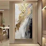 Hand-Painted Gold Abstract Oil Painting on Canvas for Entrance-Hall, Framed White and Black Wall Art for Living Room,Large Wall Picture for Bedroom Kitchen Home Decoration 24x48inch