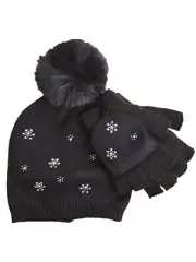 Womens Black Knit Gemstone Fluffy Beanie Hat & Fingerless Gloves/Mittens Set