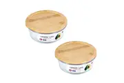 2 x Glass Food Storage Bamboo Lid Kitchen Meal Prep Lunch Box Container 900ML