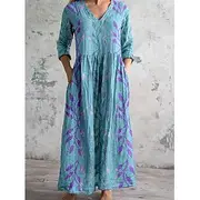 Women's Maxi Dress Sundress Vacation Casual Boho Going out Beach Loose Fit Floral Graphic 3/4 Length Sleeve V Neck White Pink Blue Light Blue-White Summer Spri